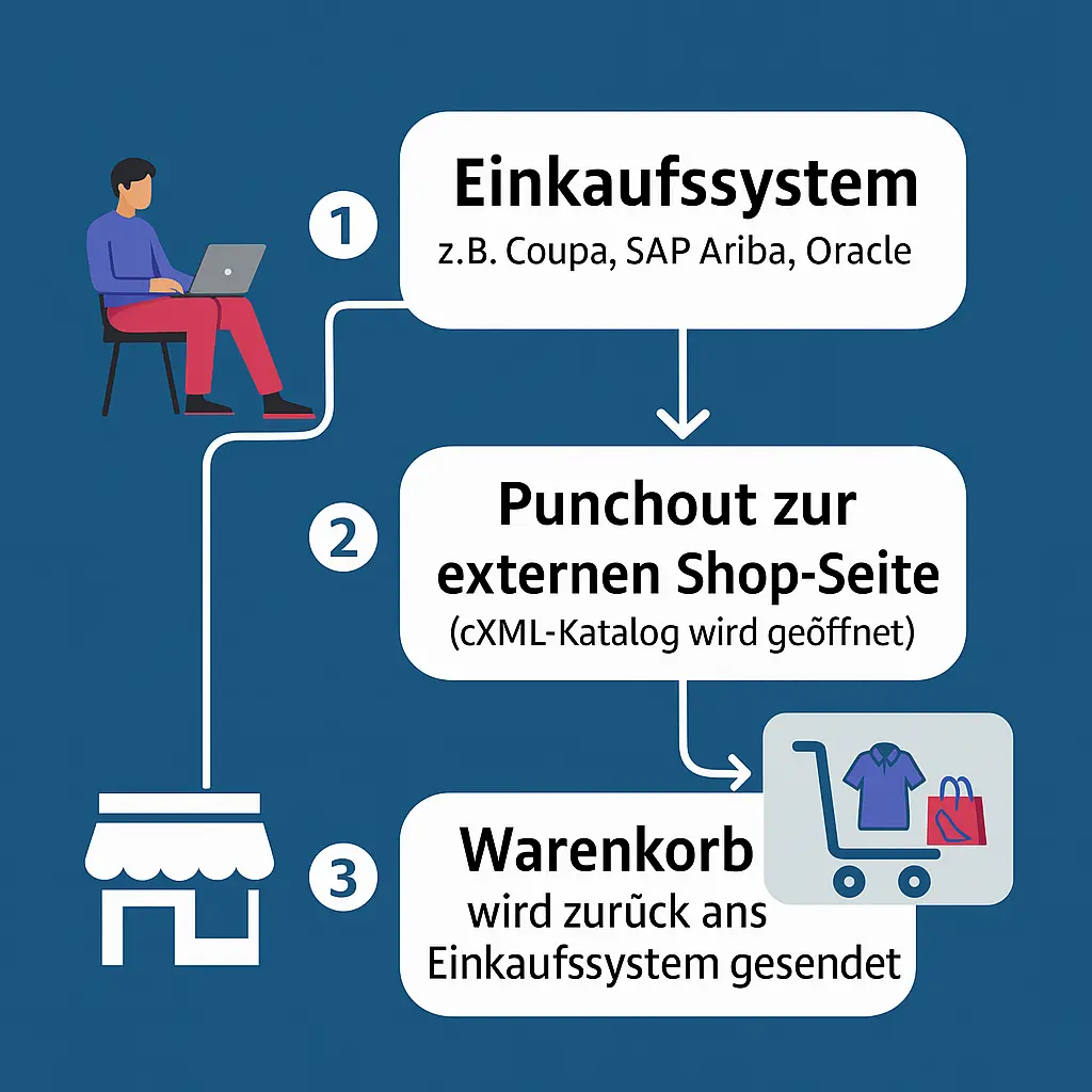 Detaillierter Prozessablauf eines CXML Punchout-Vorgangs mit allen Schritten von der Anfrage bis zur Bestellung