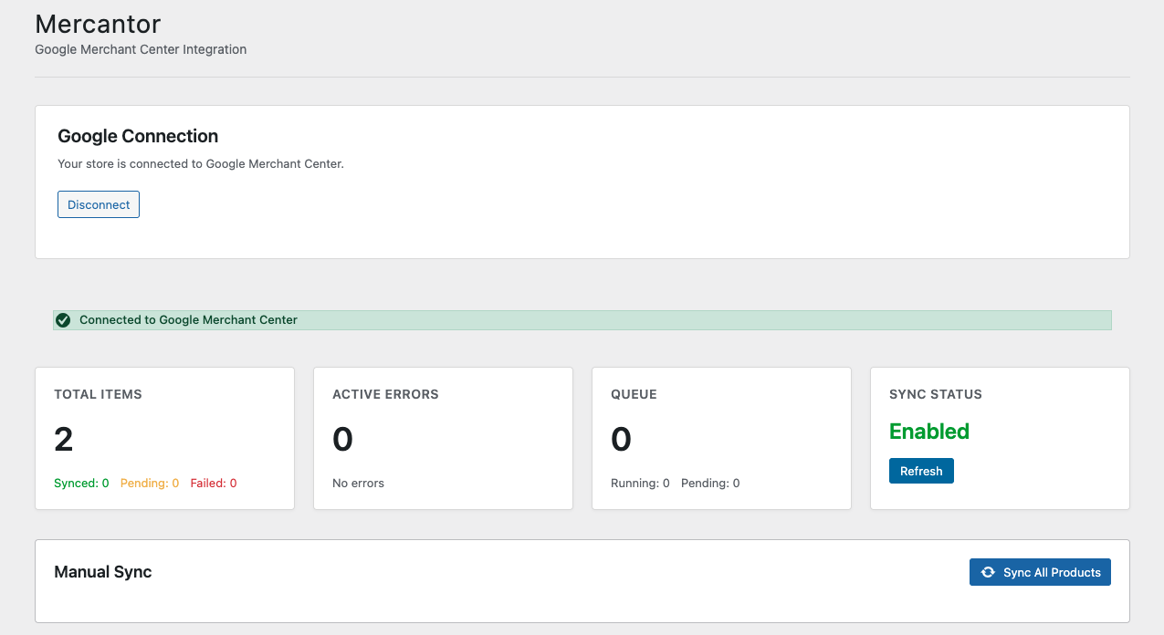 Mercantor Dashboard mit Synchronisationsstatus