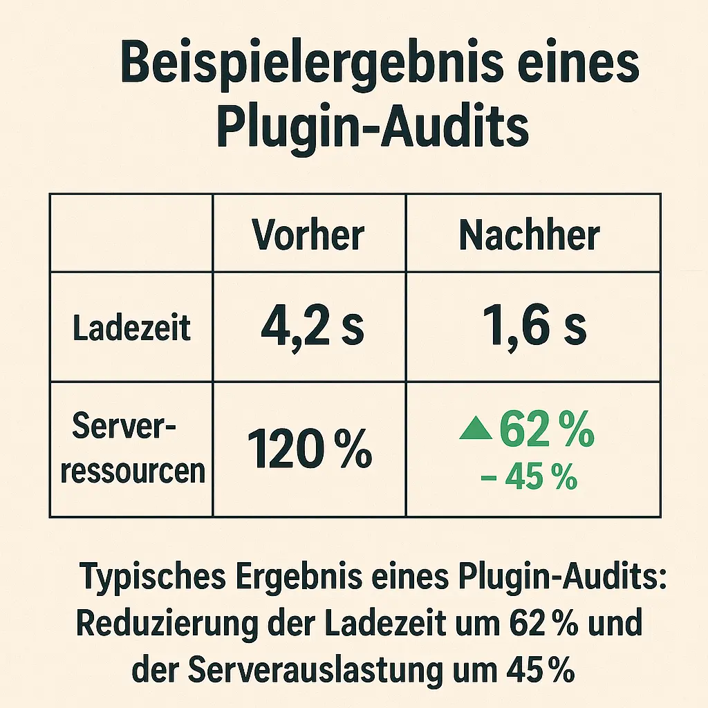 Beispielergebnis eines Plugin-Audits mit Vorher-Nachher-Vergleich der Ladezeiten und Serverressourcen